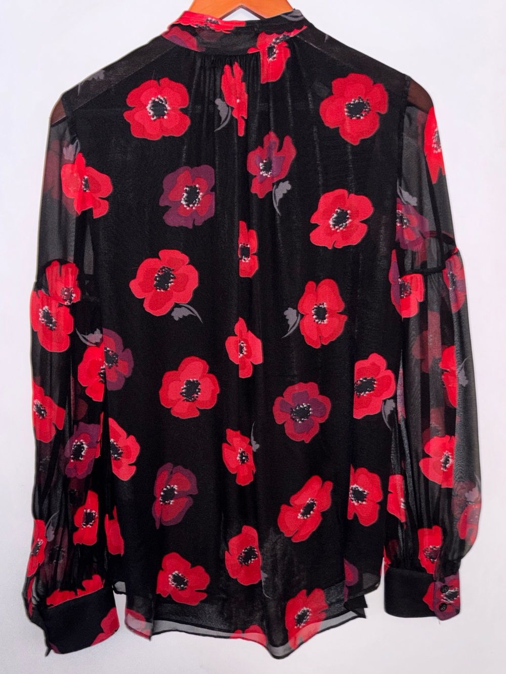 Kate Spade Medium Poppy Chiffon Bow Silk Top Sheer Sleeve Feminine Romantic - Picture 2 of 11